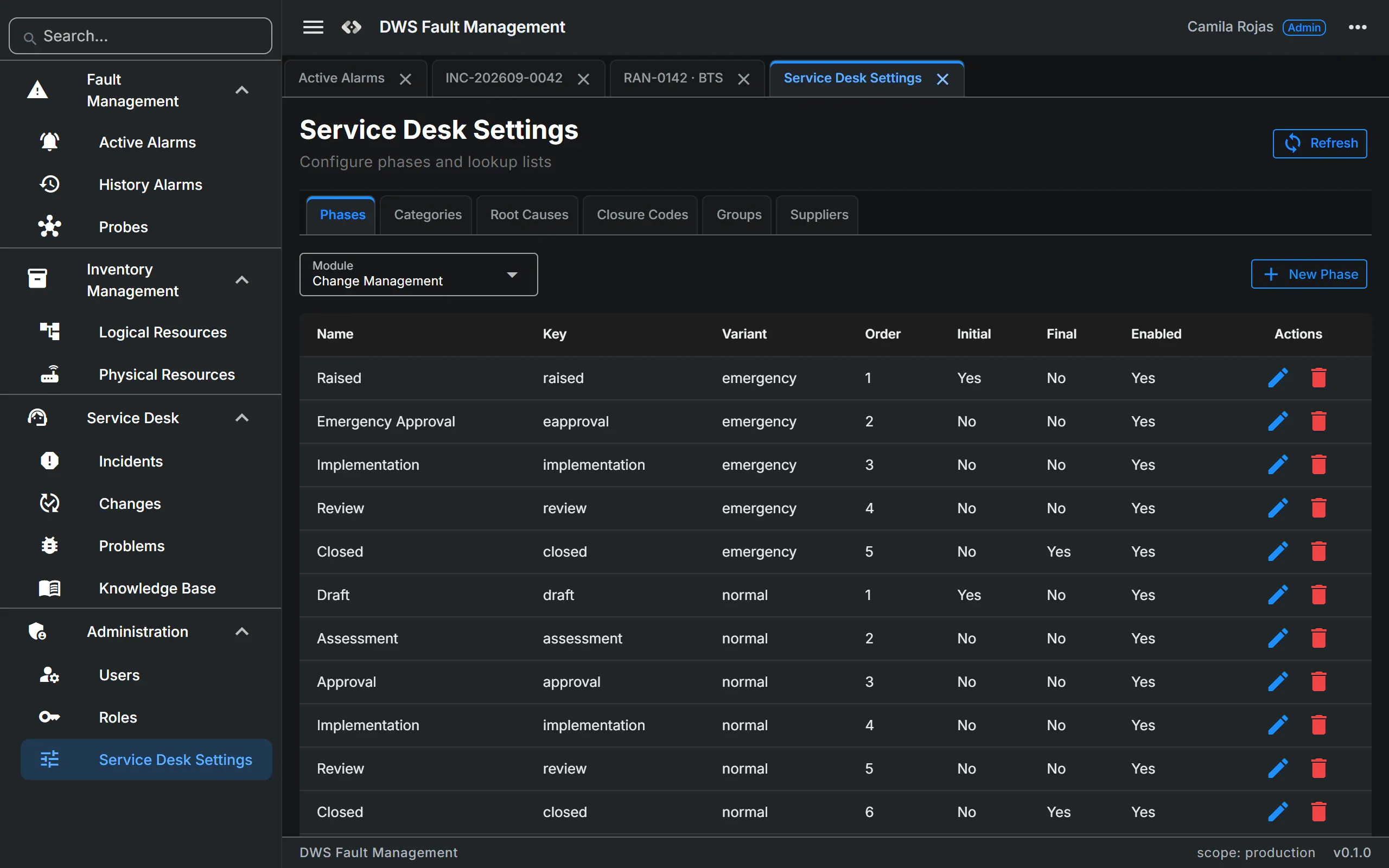 Service Desk Settings with the configurable workflow phases for emergency and normal changes, and tabs for categories, root causes, closure codes, groups and suppliers.