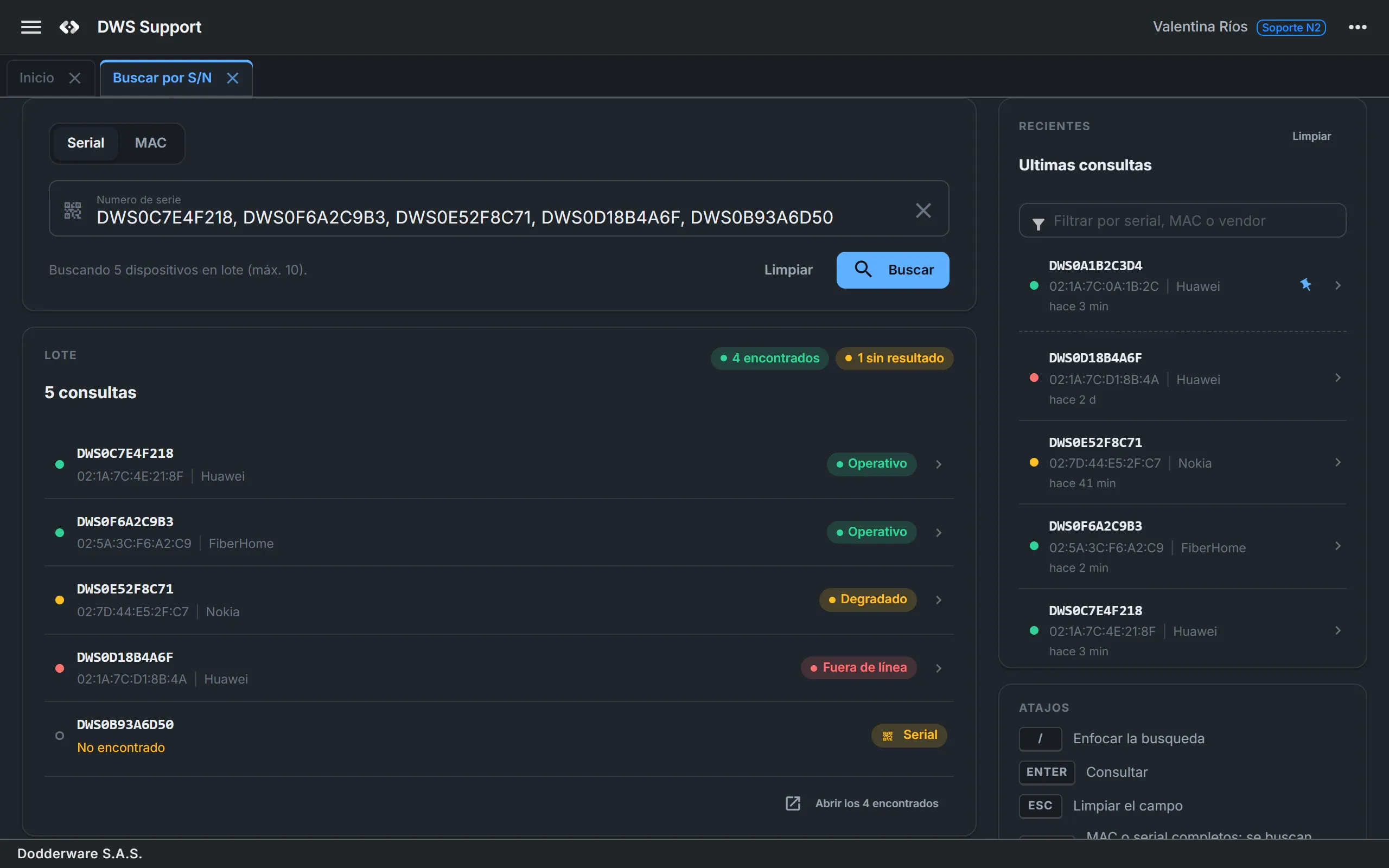 Device search running a batch lookup of five serial numbers, with four devices found in different states, one serial not found and the recent lookups panel.