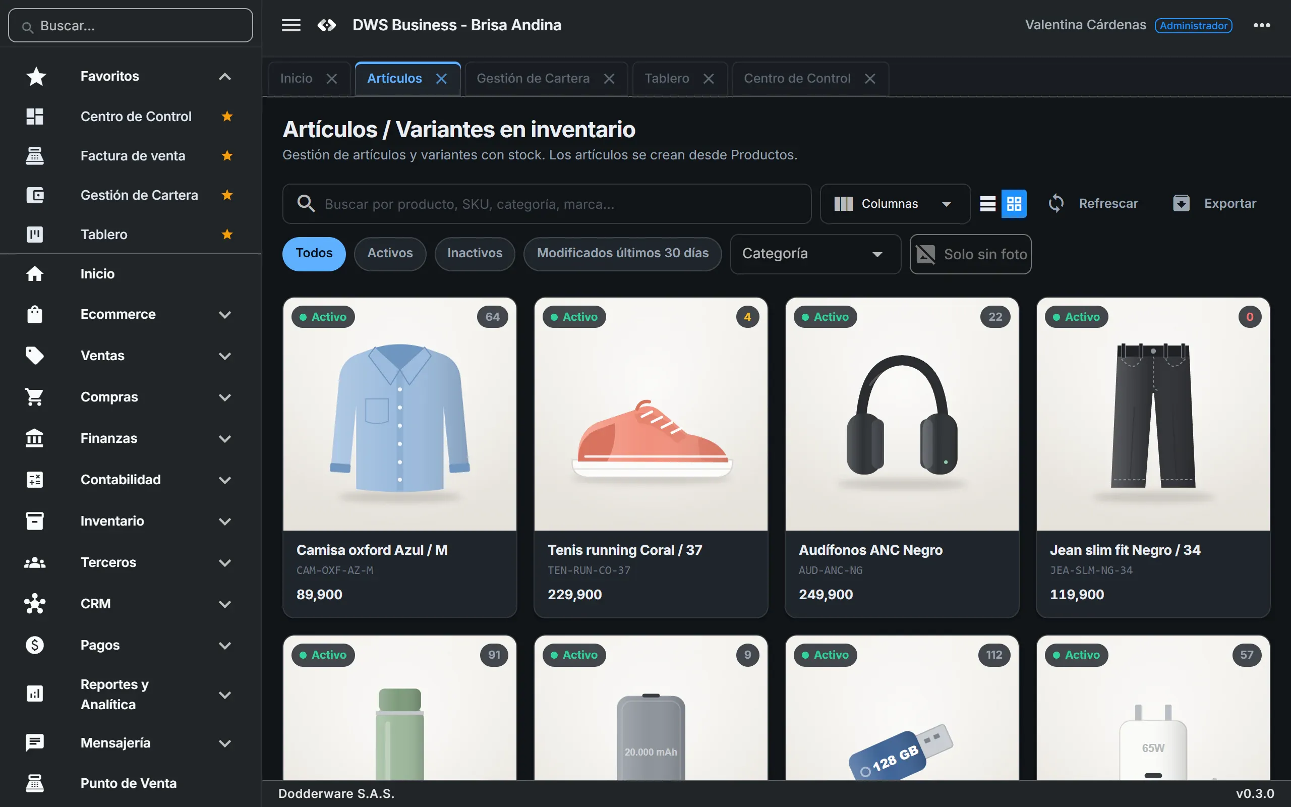 DWS Business workspace with the module sidebar and five open tabs, showing the inventory items in grid view as product cards with their SKU, price, status and a stock count that flags low and out-of-stock items.